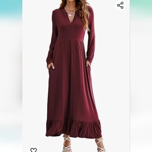 Nwt Molliya Long Sleeves V-Neck Maternity Maxi Dress With Pockets Wine Red